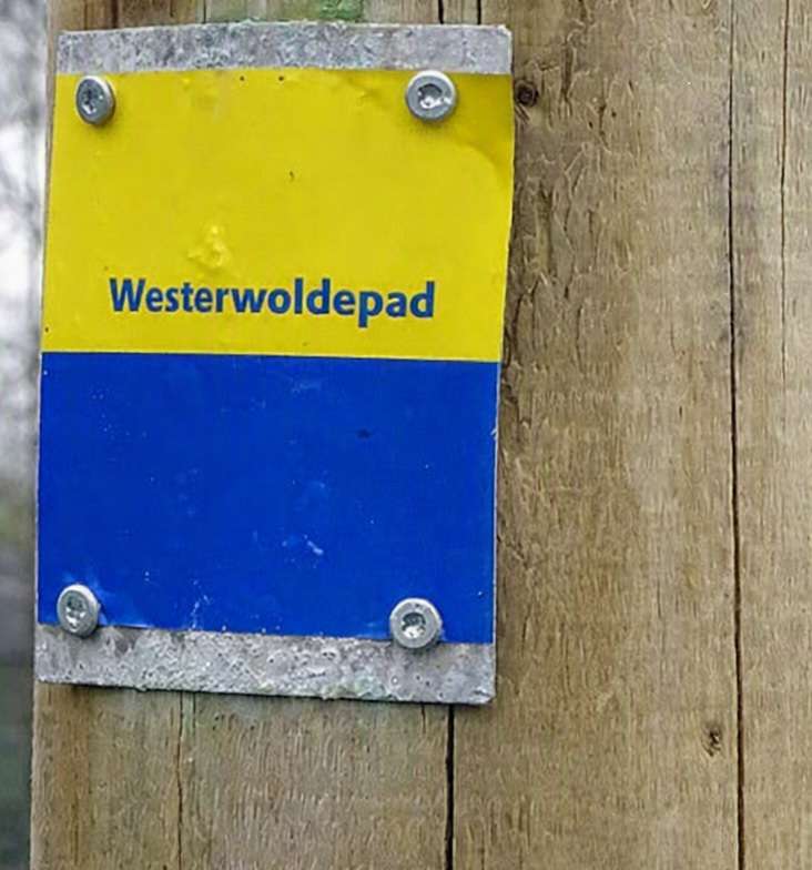 Het Westerwoldepad is volledig gemarkeerd met geel-blauwe bordjes.